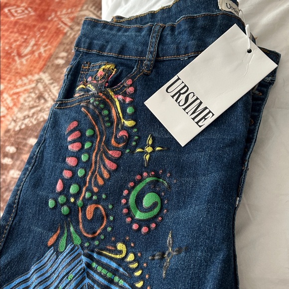 Ursime Women's Blue Jeans with Colorful Embroidery and Ankle Fraying NWT - Picture 3 of 5